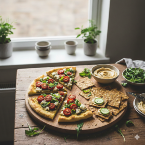 Alimentation saine, pizza et crackers